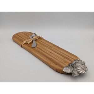 Bamboo & Pewter Cheese/Cutting Board Gift Set, Seashells /Coastal - Mud Pie Co.